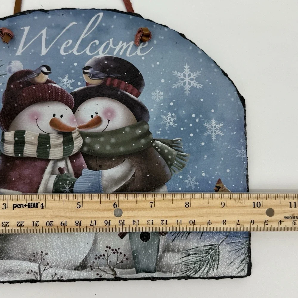 Winter Snowman Welcome Sign Slate Rustic Farmhouse Christmas Decor Cozy Country